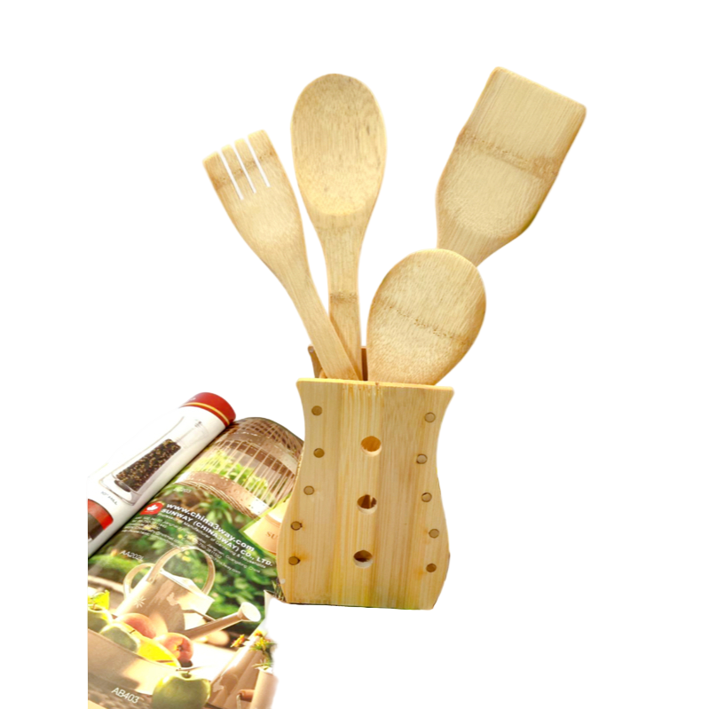 Kit de Utensílios de Cozinha em Bambu com Suporte – 5 Peças