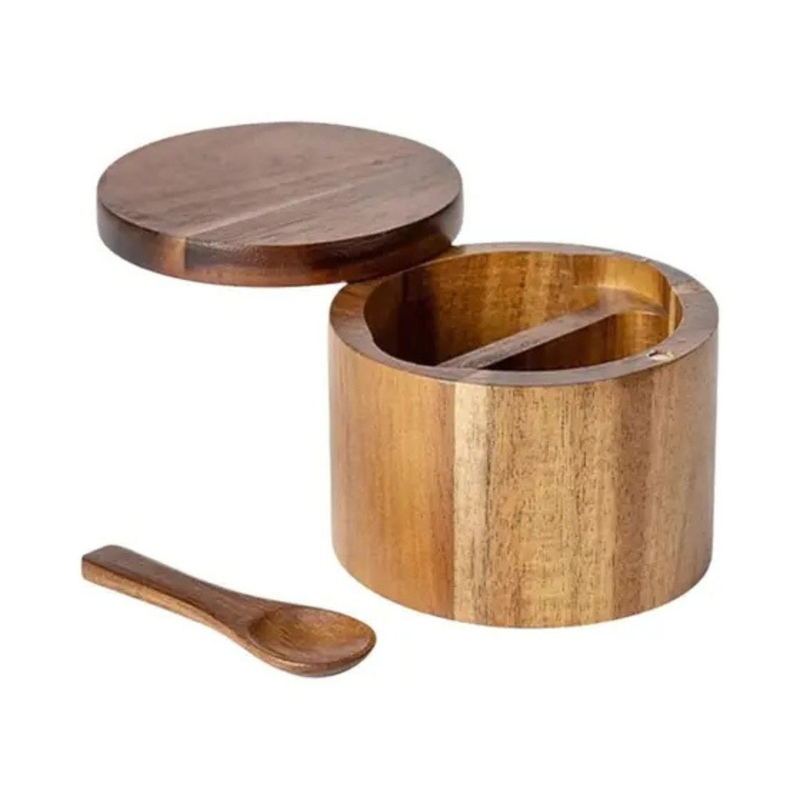 Kit Utensílios de Cozinha Em Madeira Acácia Com Saleiro Bowl Pilão Bandeja 4 Peças - Mimo Style