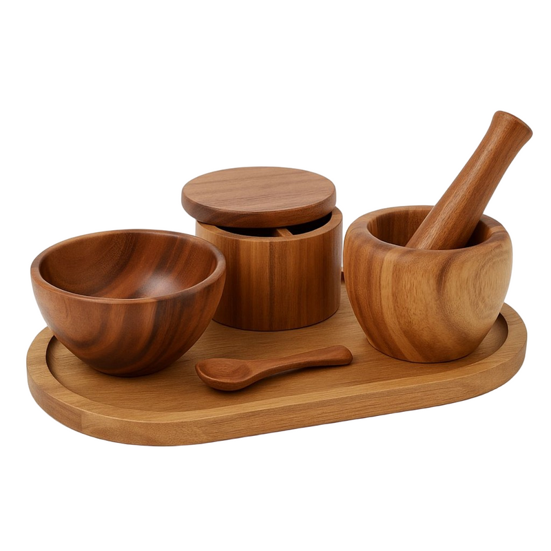 Kit Utensílios de Cozinha Em Madeira Acácia Com Saleiro Bowl Pilão Bandeja 4 Peças - Mimo Style