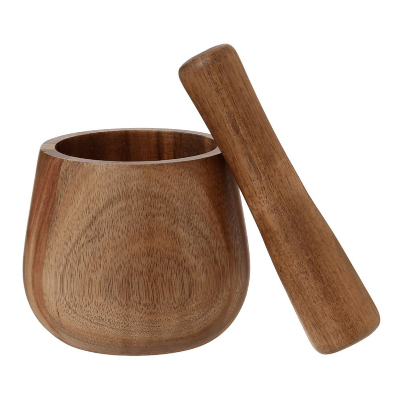 Kit Utensílios de Cozinha Em Madeira Acácia Com Saleiro Bowl Pilão Bandeja 4 Peças - Mimo Style