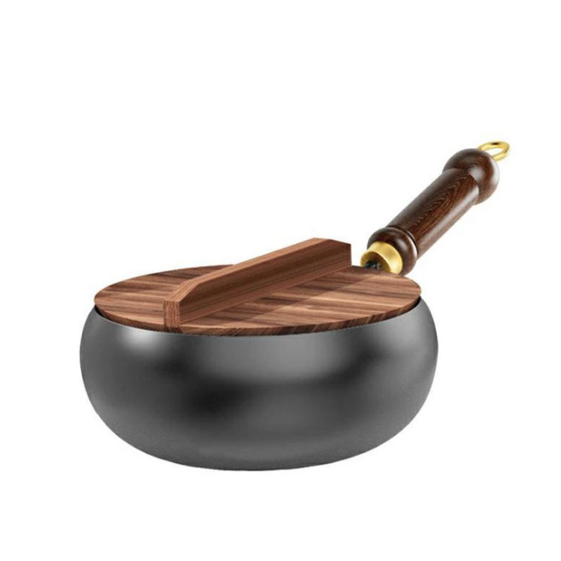 Frigideira Alta de Ferro Resistente Anti Aderente Com Tampa e Cabo de Madeira 28cm