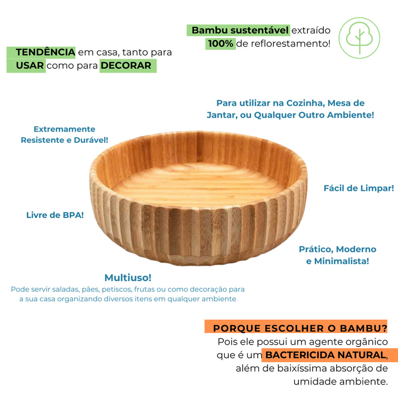 Pote Bowl Tigela Bambu Canelada Cumbuca Bactericida Sustentável